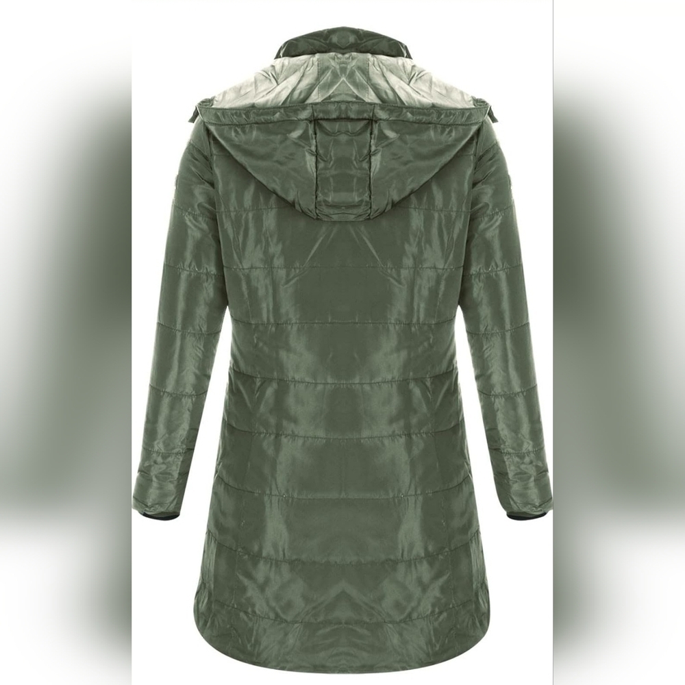 Womens Long Quilted Jacket Lightweight Hooded Puffer Coat SMALL Army Green - Picture 2 of 9